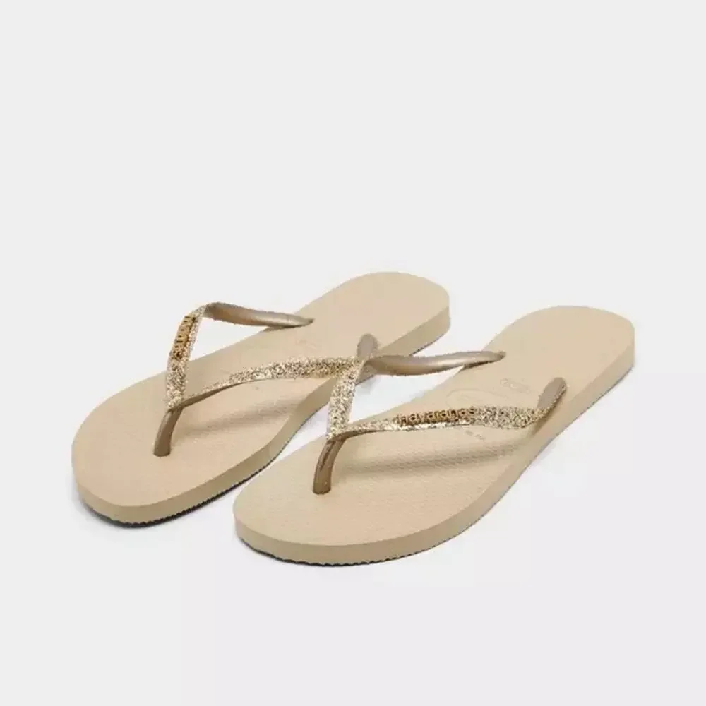 Havaianas Kids Slim Glitter II Sand Grey Flip Flops 3/4Y Gold Straps NWT